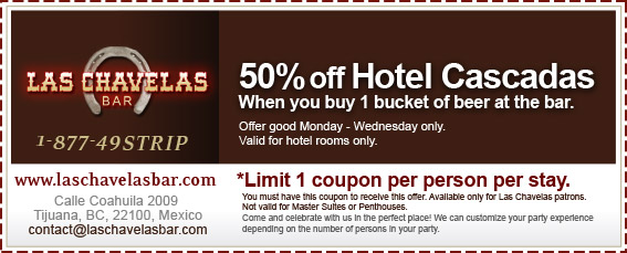 Coupon - 50% off Hotel Cascadas when you buy 1 bucket of beer at the bar.